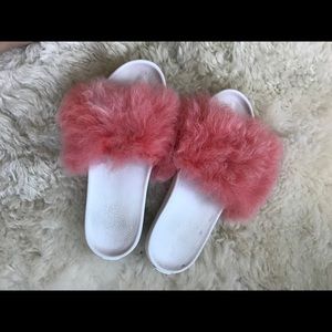 Pink wool fur ugg sandals slides